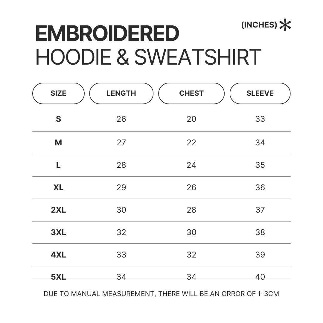 Embroidered Hoodie Sweatshirt Size Chart - Beetlejuice Shop