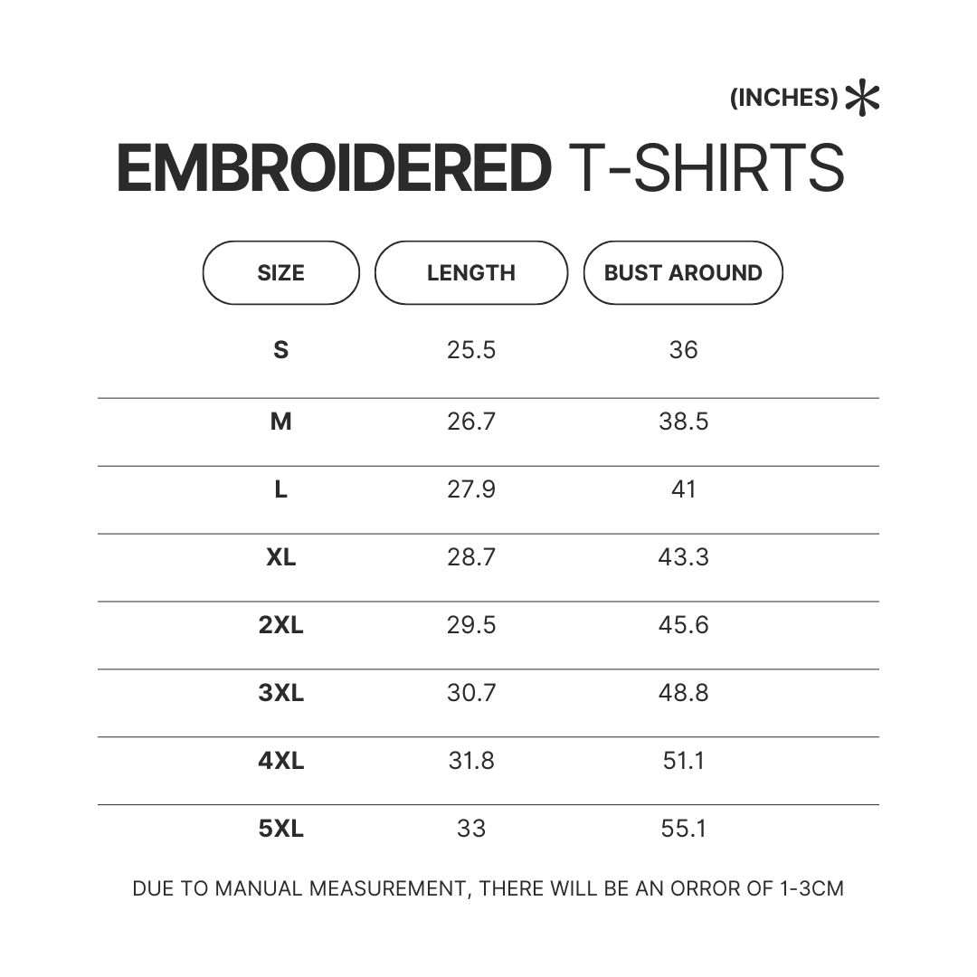 Embroidered T shirt Size Chart - Beetlejuice Shop